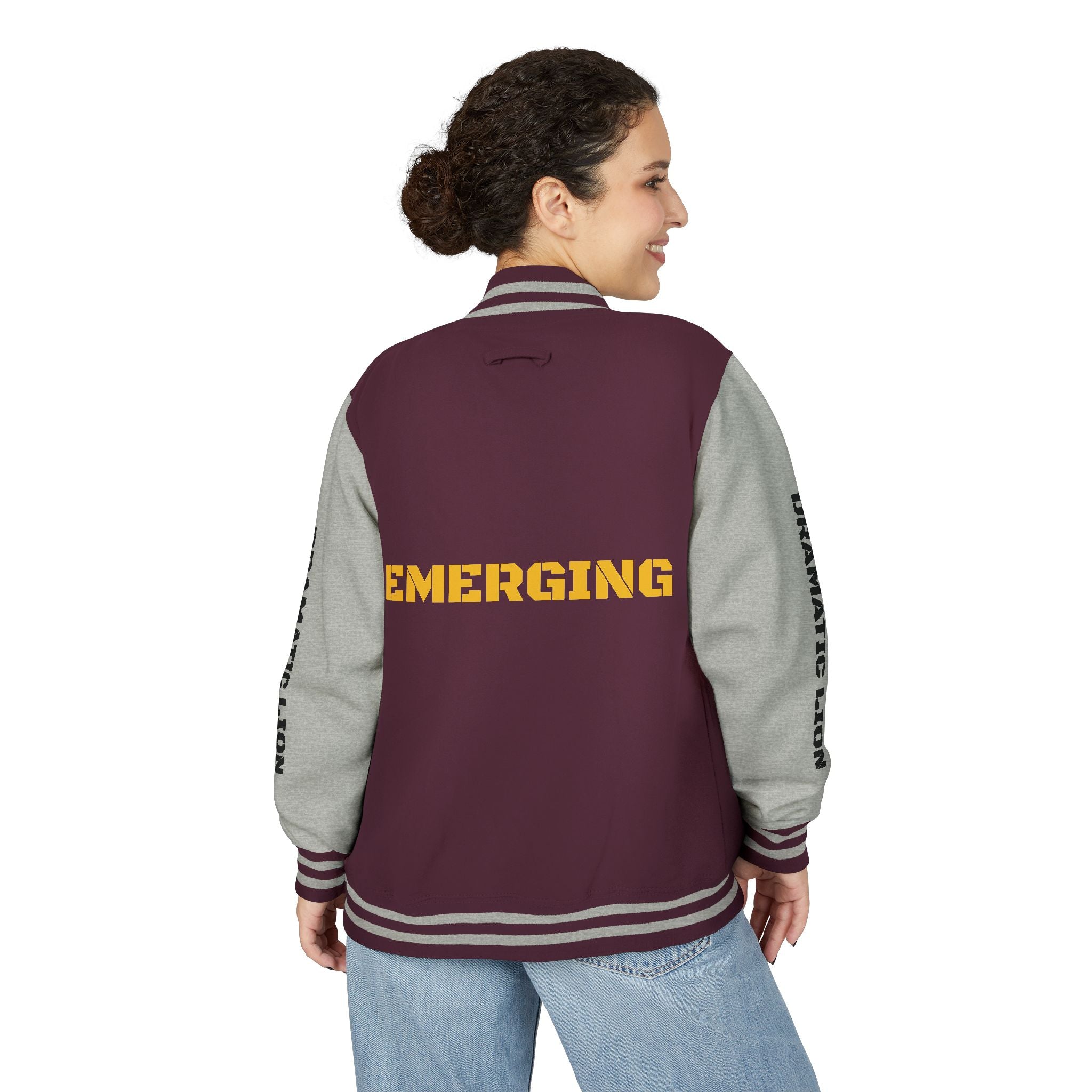Burgundy and heather gray varsity letterman jacket front view with snap-front closure, striped rib-knit trim, front welt pockets, and circular DRAMATIC LION chest graphic