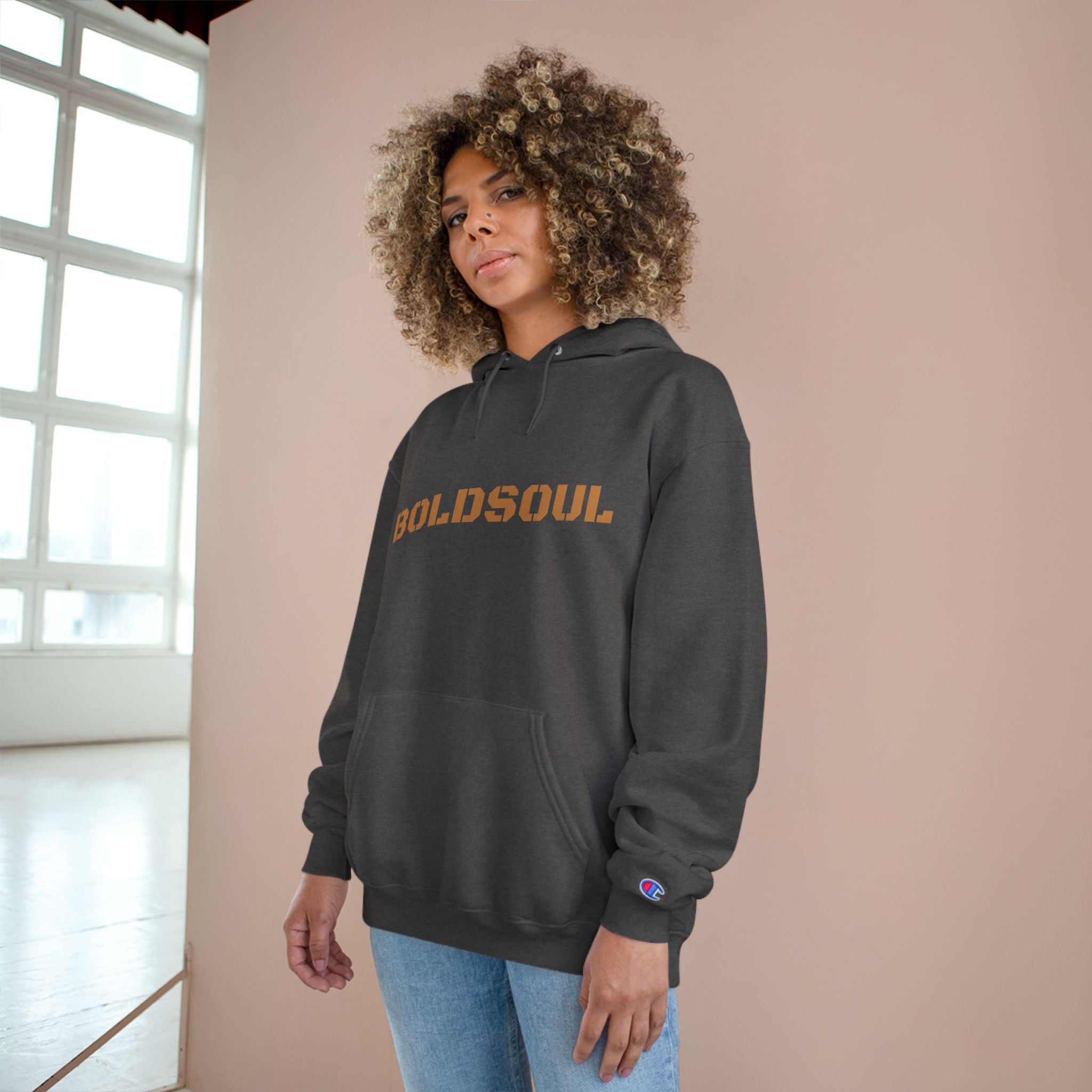 BOLDSOUL Champion Hoodie — White Pullover Stencil Logo