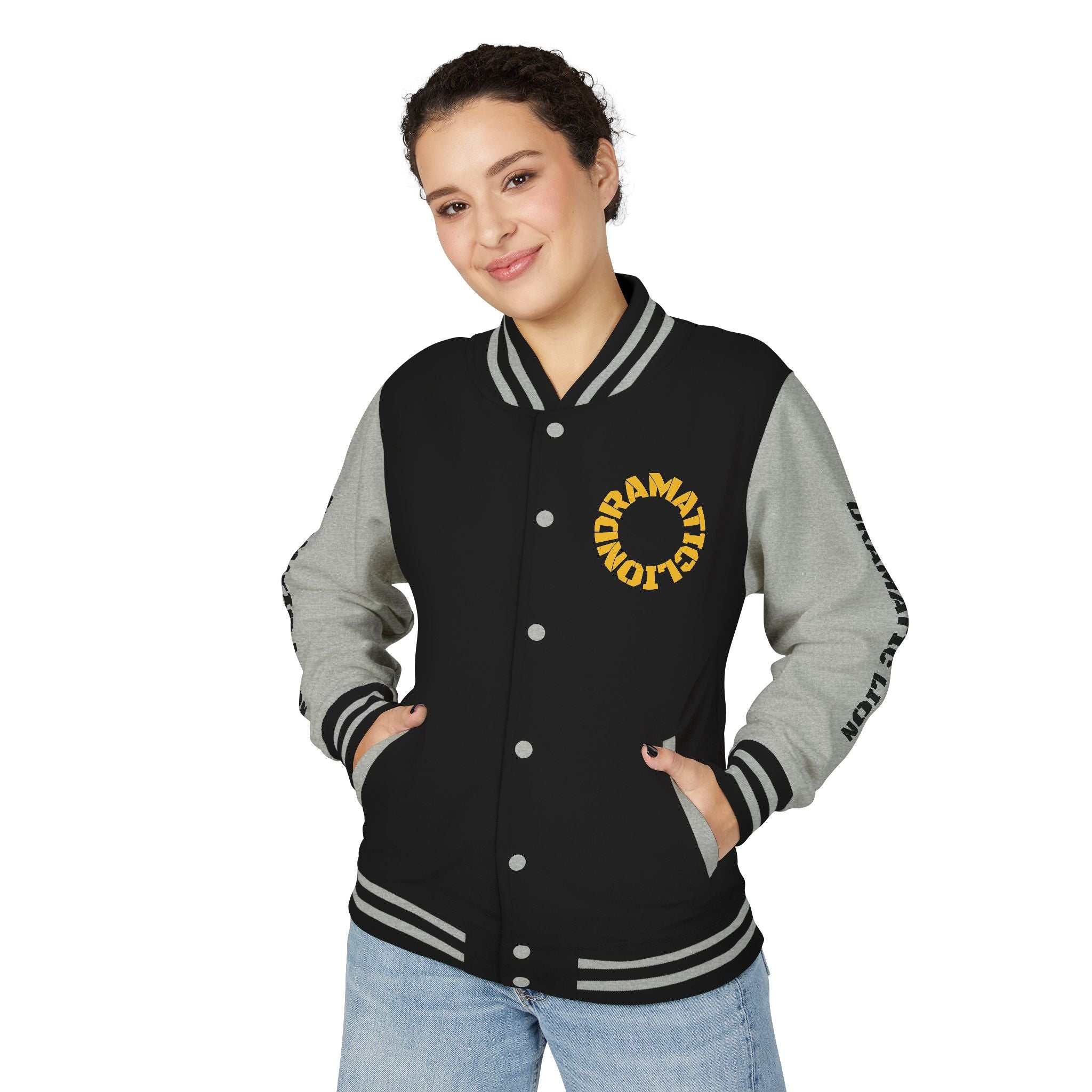 Burgundy and heather gray varsity letterman jacket front view with snap-front closure, striped rib-knit trim, front welt pockets, and circular DRAMATIC LION chest graphic