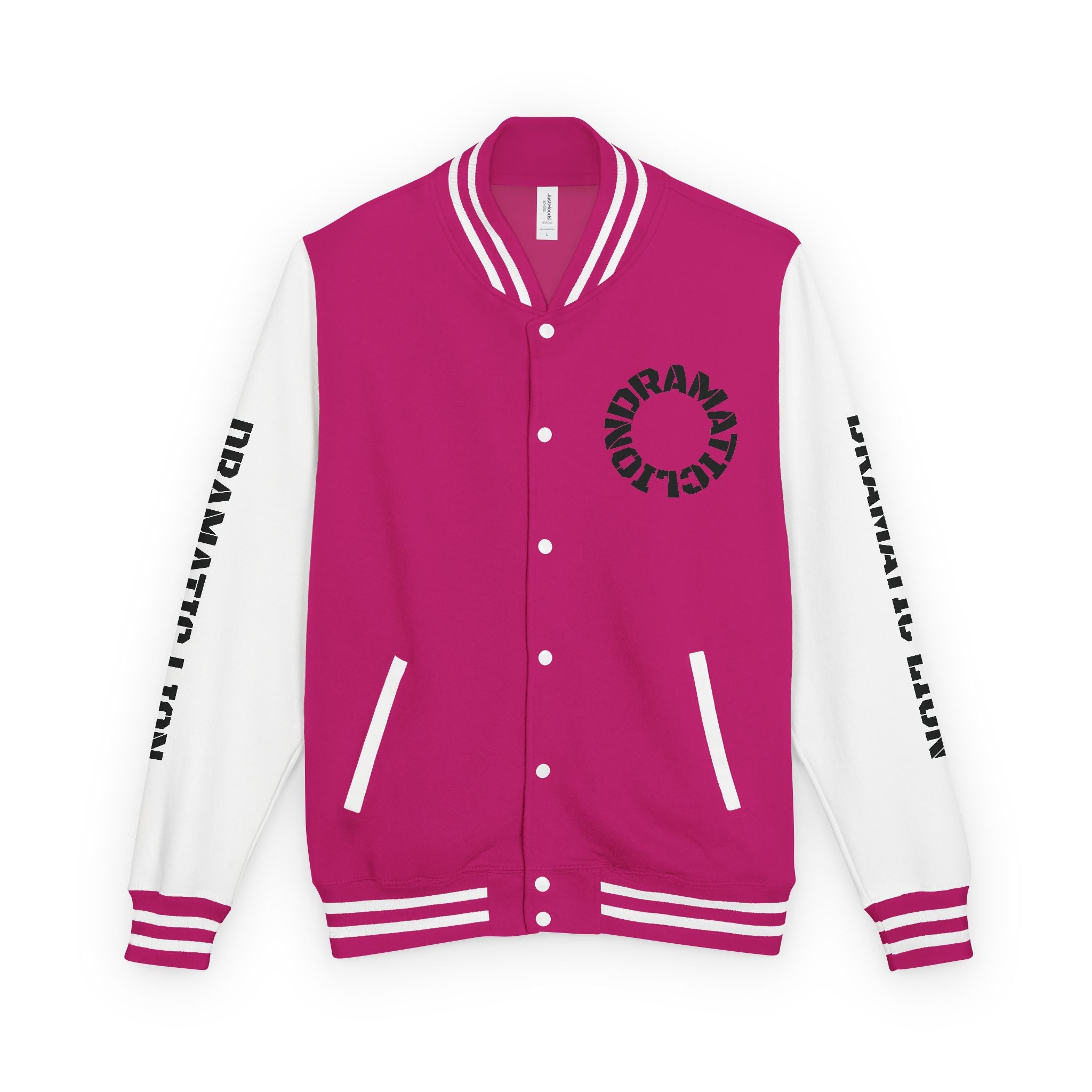 Burgundy and heather gray varsity letterman jacket front view with snap-front closure, striped rib-knit trim, front welt pockets, and circular DRAMATIC LION chest graphic