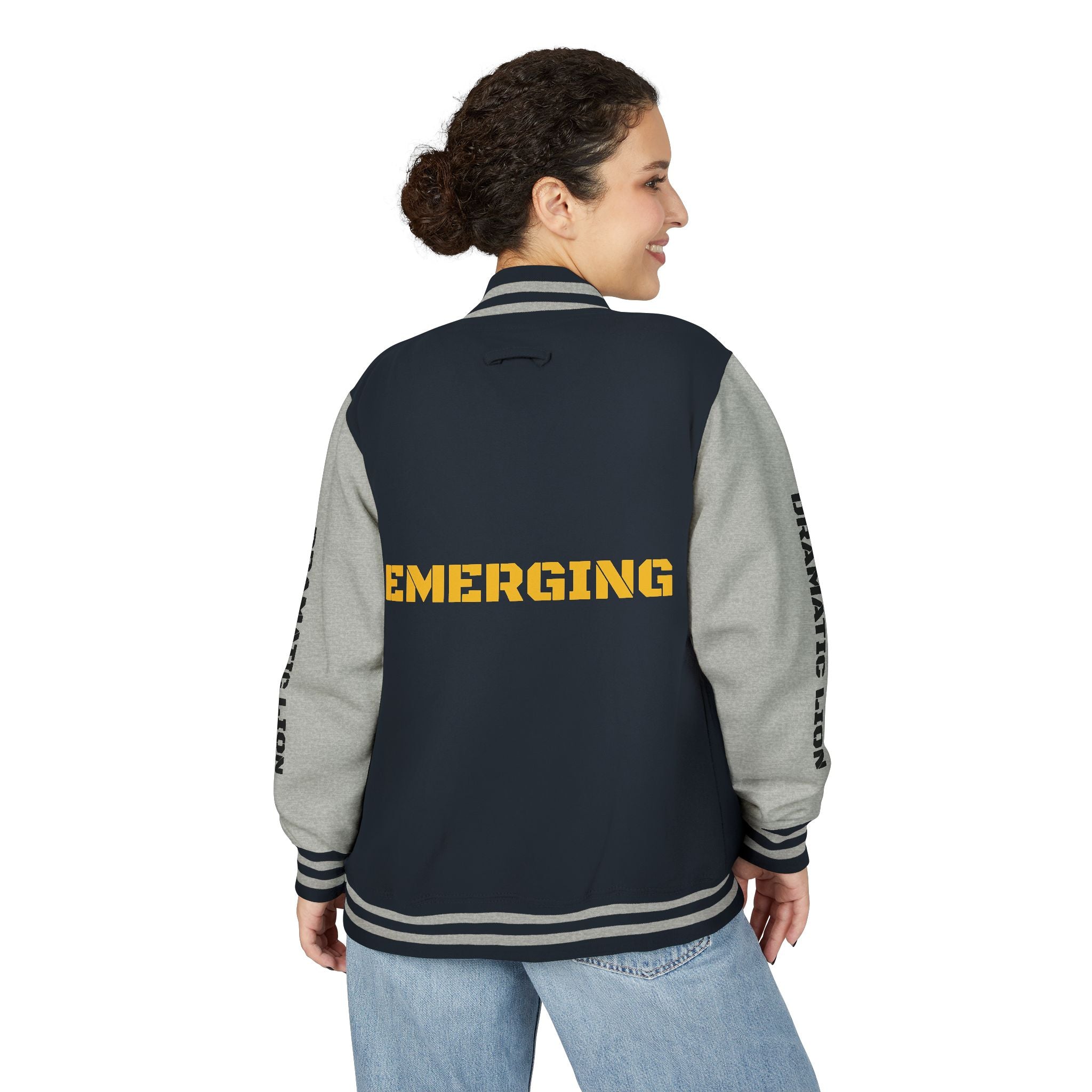 Burgundy and heather gray varsity letterman jacket front view with snap-front closure, striped rib-knit trim, front welt pockets, and circular DRAMATIC LION chest graphic