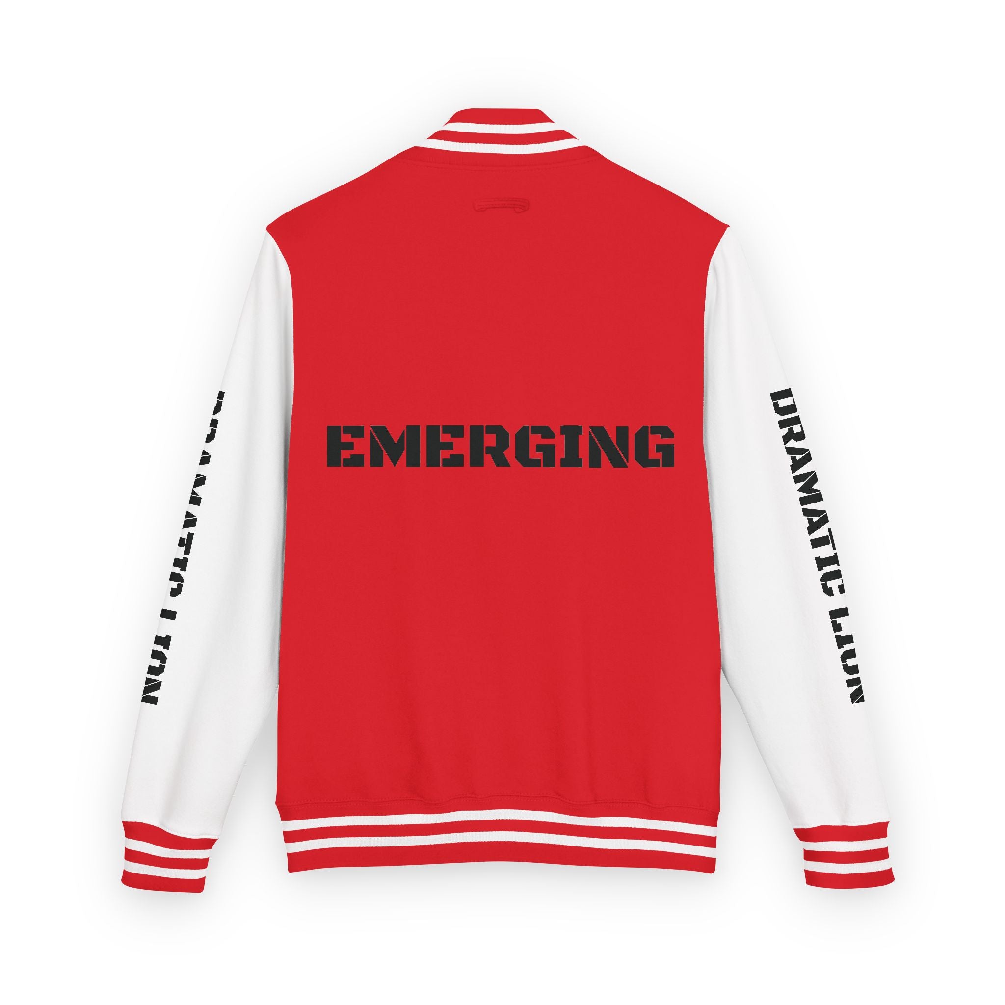 Burgundy and heather gray varsity letterman jacket front view with snap-front closure, striped rib-knit trim, front welt pockets, and circular DRAMATIC LION chest graphic