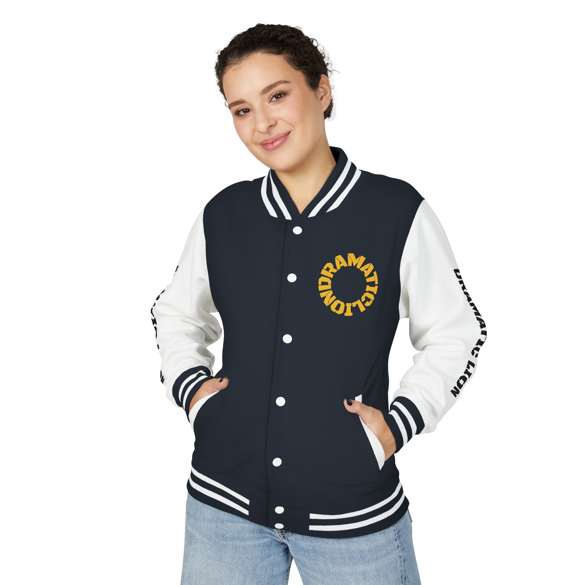 Burgundy and heather gray varsity letterman jacket front view with snap-front closure, striped rib-knit trim, front welt pockets, and circular DRAMATIC LION chest graphic
