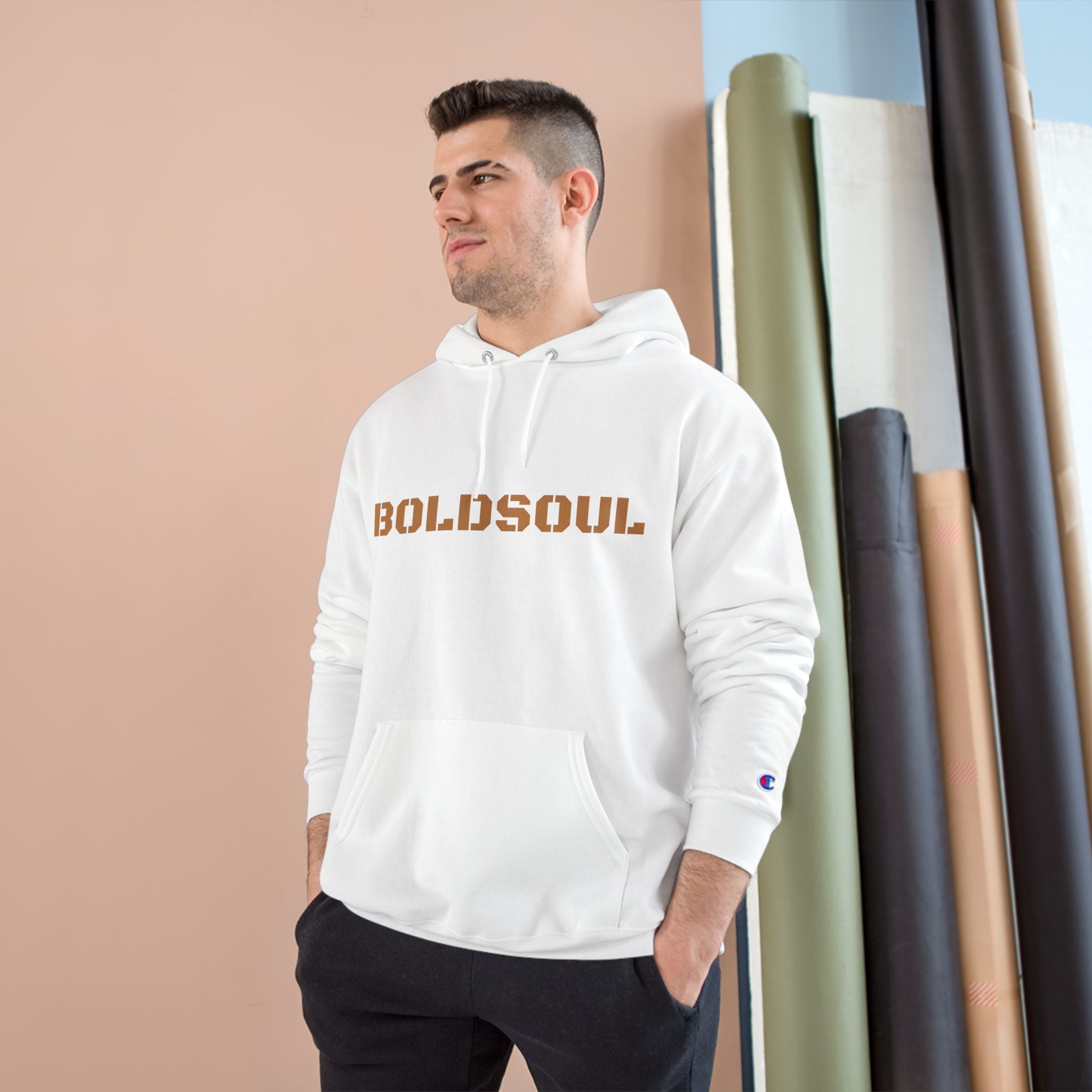 BOLDSOUL Champion Hoodie — White Pullover Stencil Logo