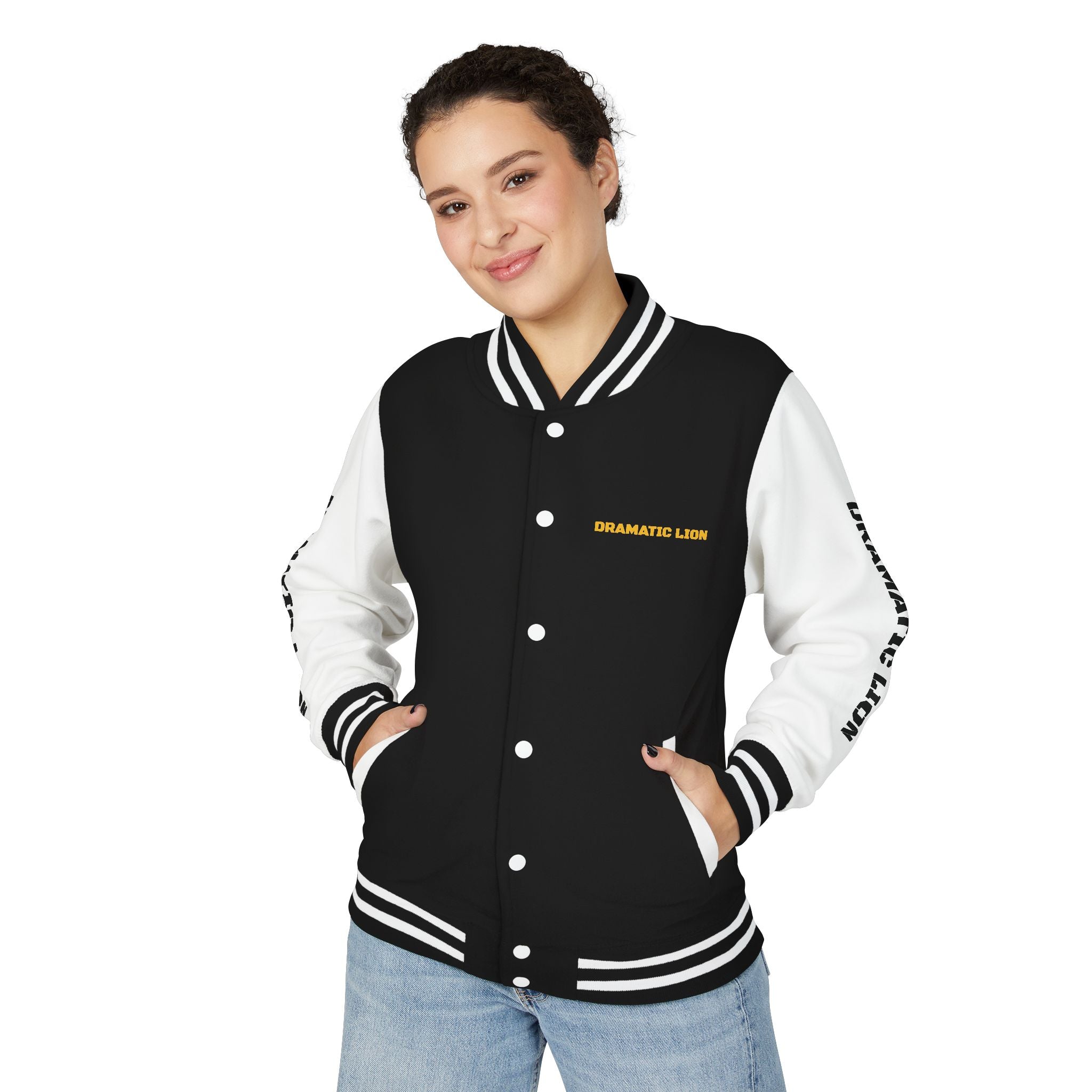 Burgundy and heather gray varsity letterman jacket front view with snap-front closure, striped rib-knit trim, front welt pockets, and circular DRAMATIC LION chest graphic