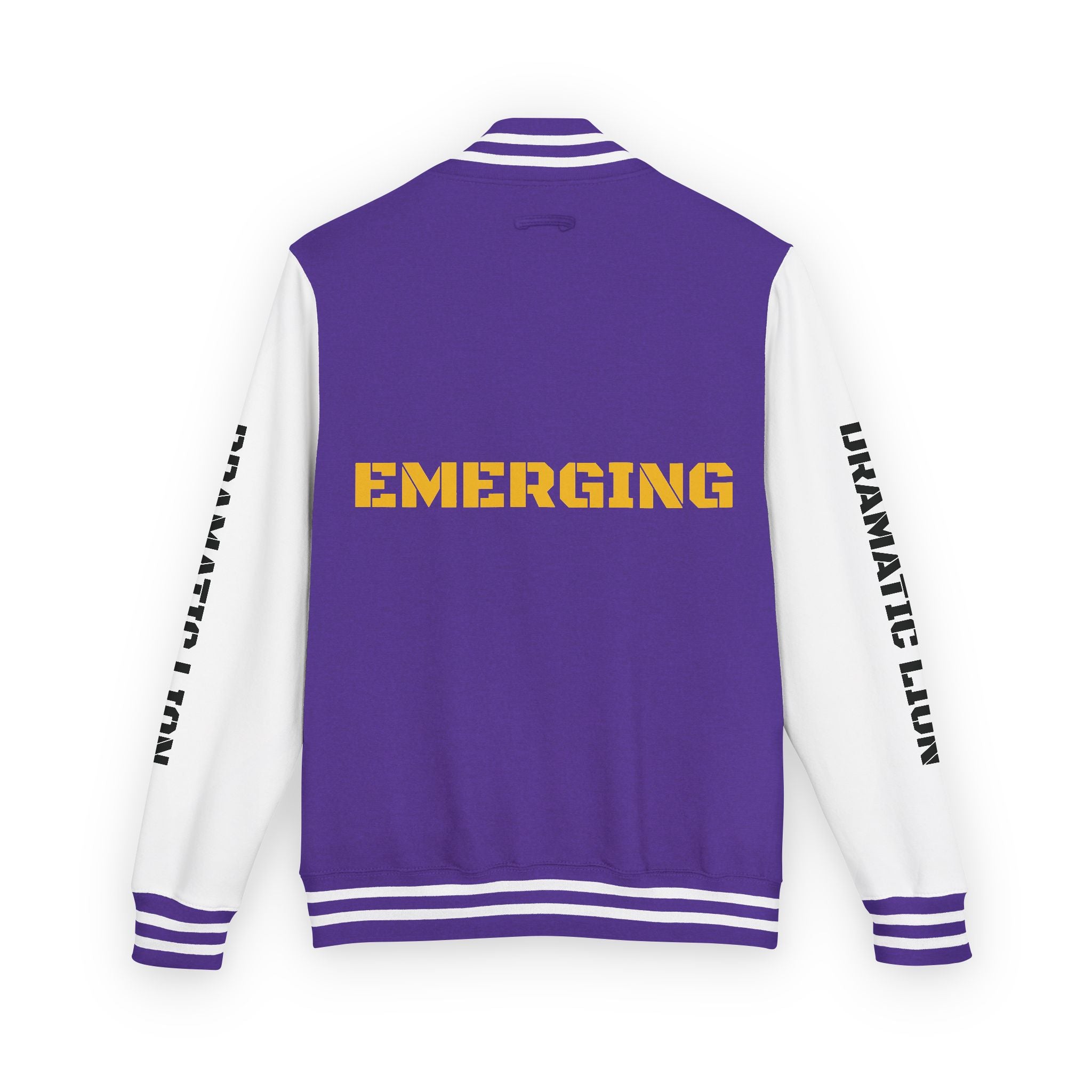 Burgundy and heather gray varsity letterman jacket front view with snap-front closure, striped rib-knit trim, front welt pockets, and circular DRAMATIC LION chest graphic