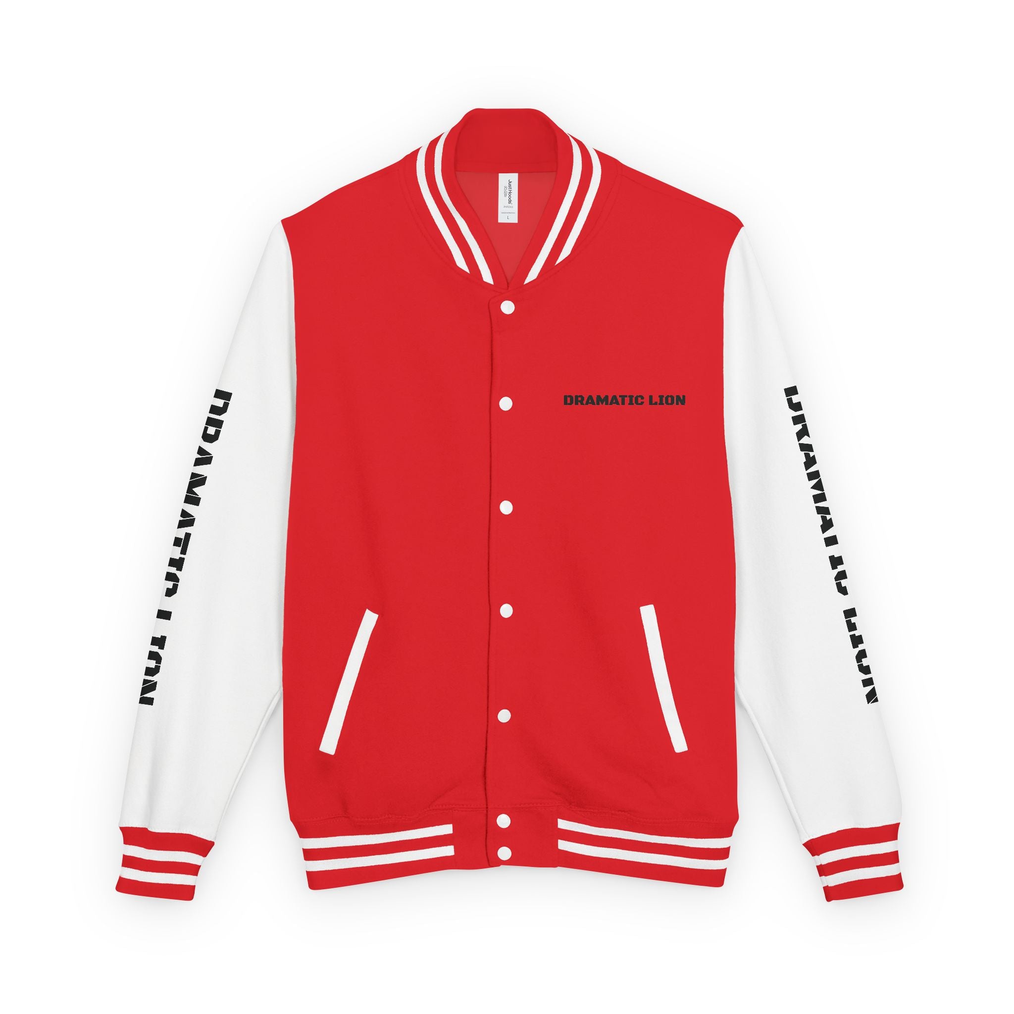 Burgundy and heather gray varsity letterman jacket front view with snap-front closure, striped rib-knit trim, front welt pockets, and circular DRAMATIC LION chest graphic